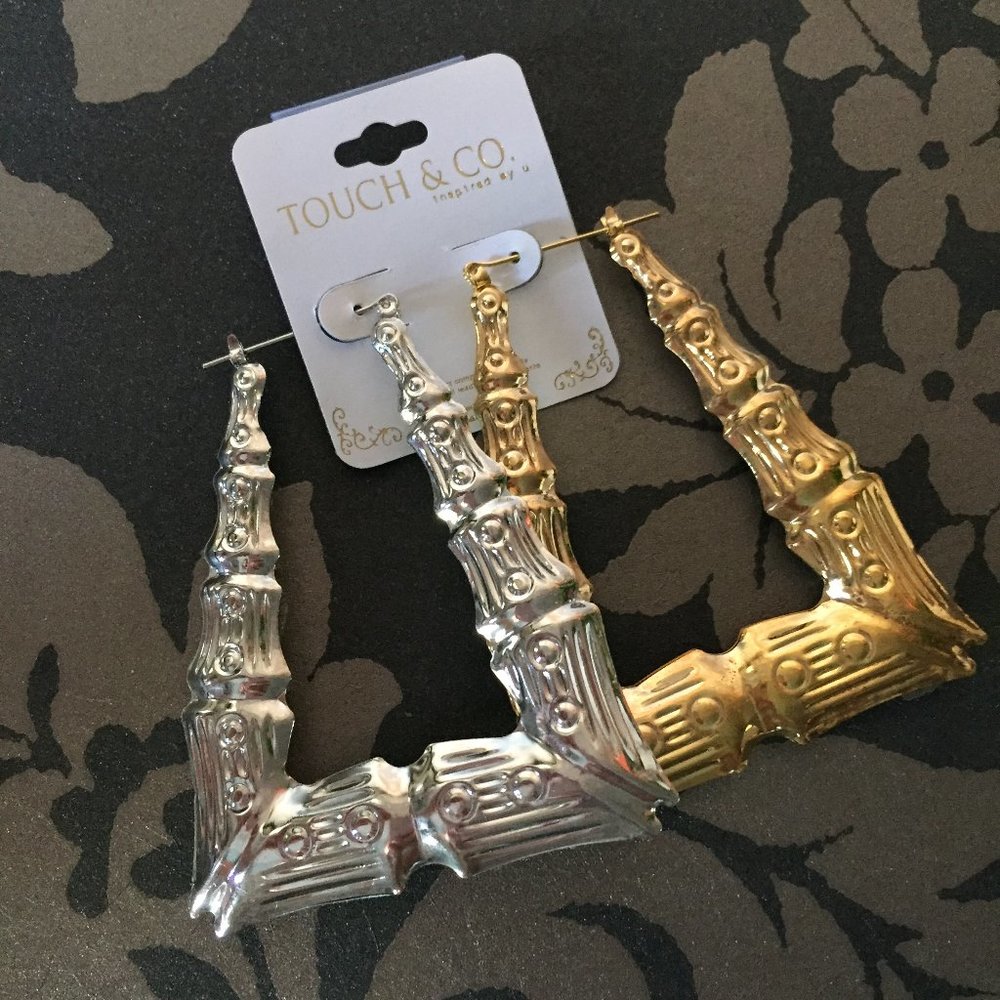Statement Metal Bamboo Rectangular Hoop Ear Rings - Picture 1 of 8